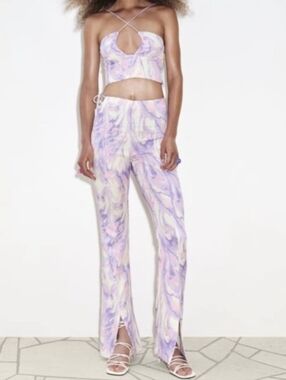 ZARA Purple Marble High Waist Flare Pants - Size M NWOT